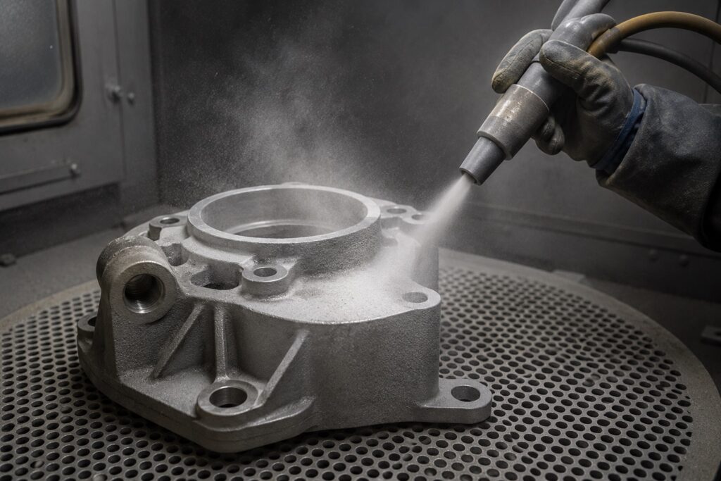 Industrial sandblasting of metal parts at Precision Machining Products