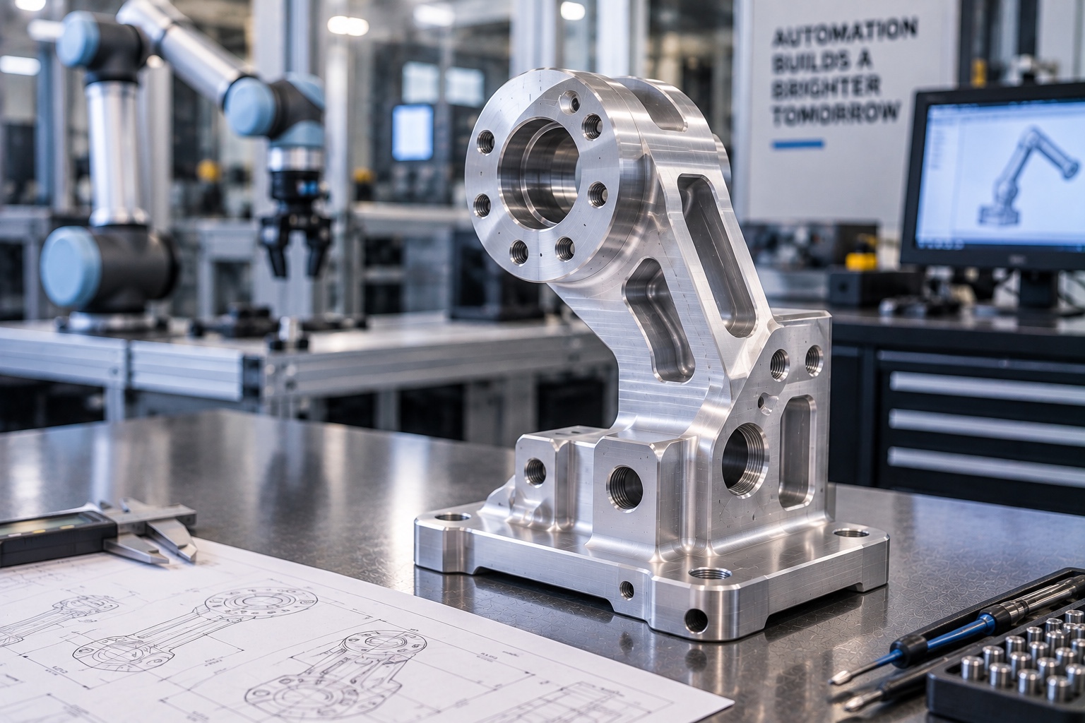 Precision CNC machined aluminum support bracket with flange, threaded holes and mounting base