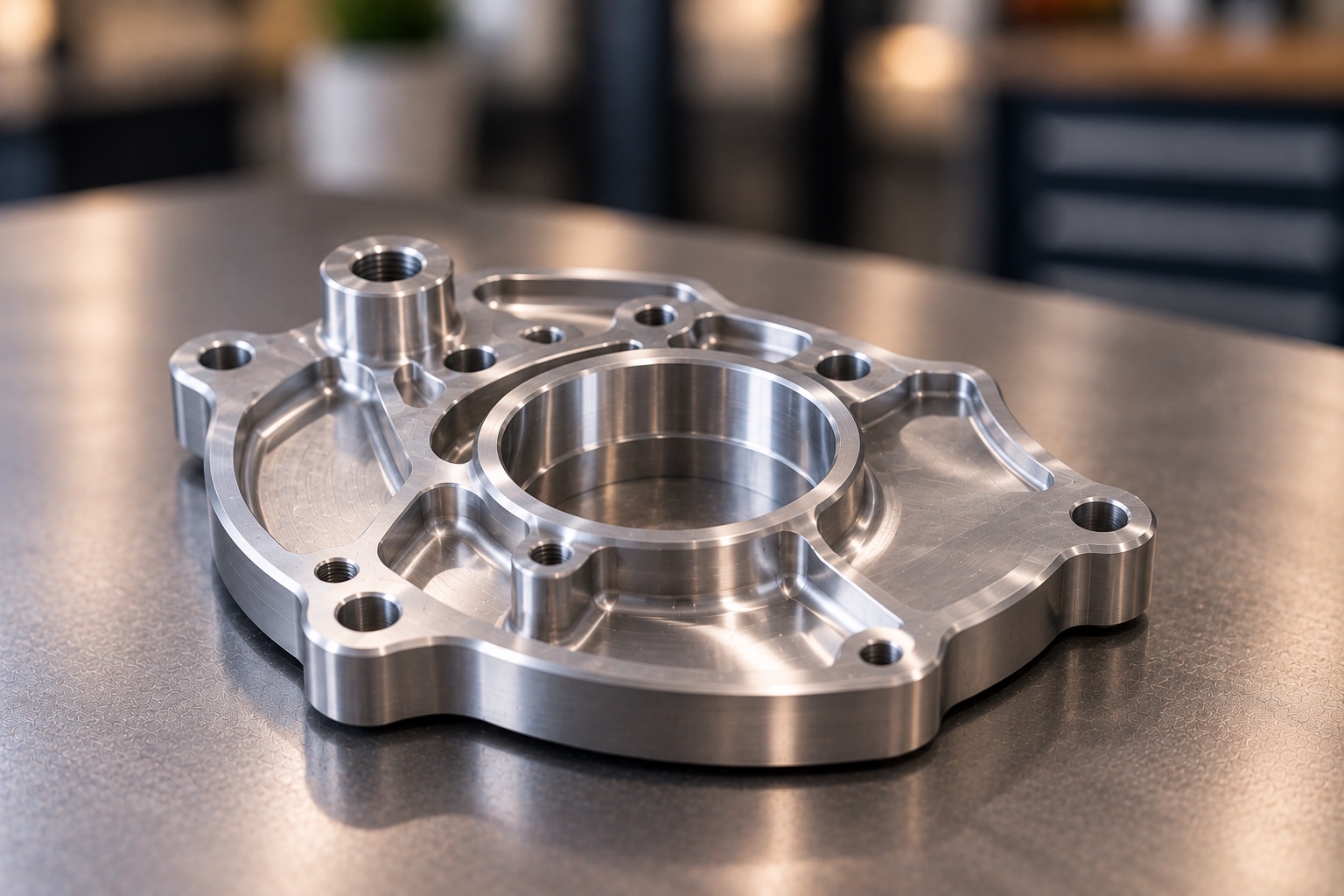 CNC machined aluminum circular housing plate with center bore and precision pockets