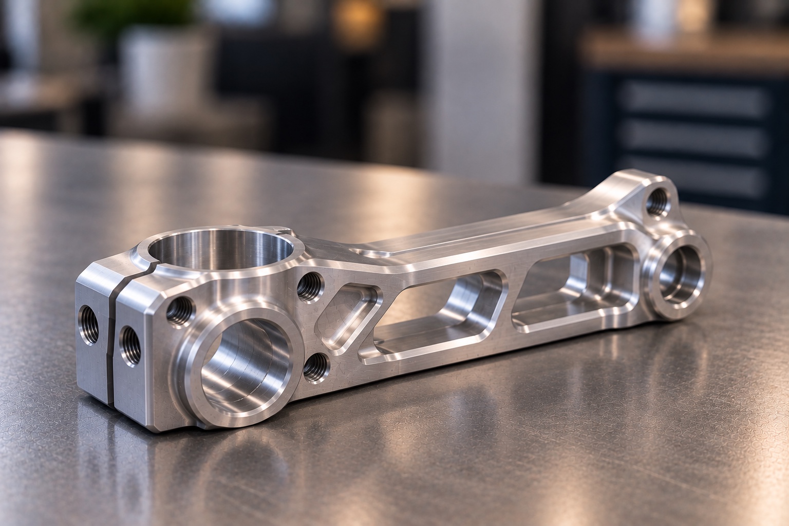 CNC machined aluminum linkage arm with large precision bores and milled pockets