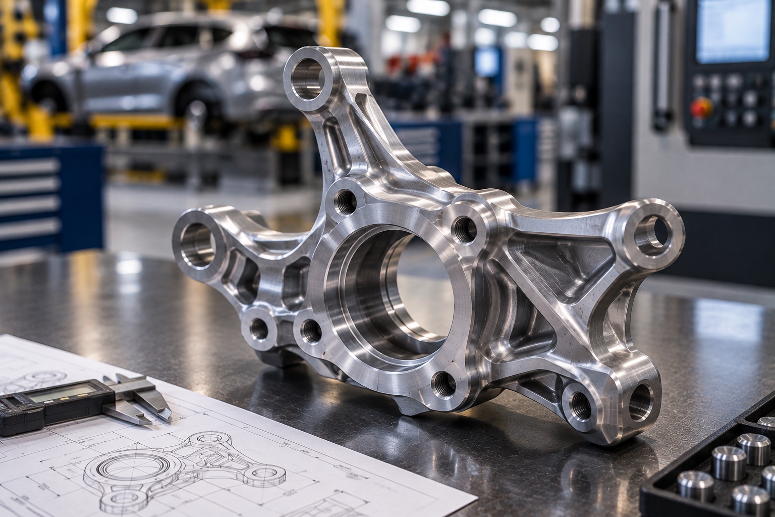 CNC machined aluminum structural bracket with large center bore and mounting points