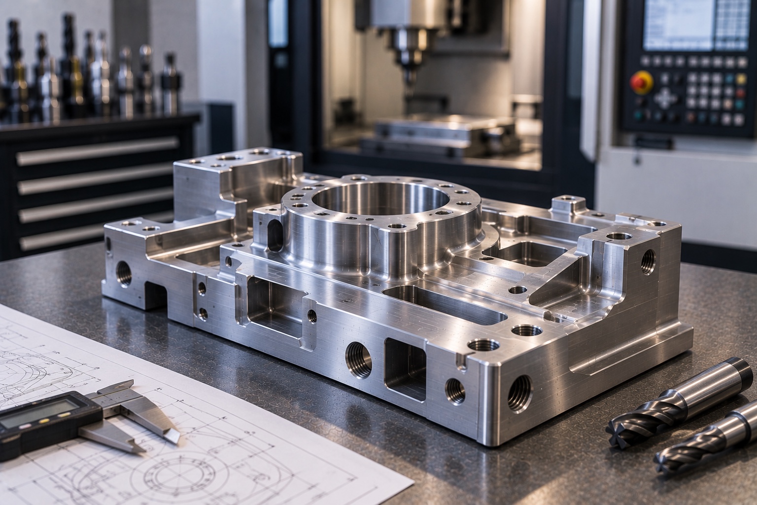 CNC milled aluminum machine base with large center bore, pockets and threaded holes