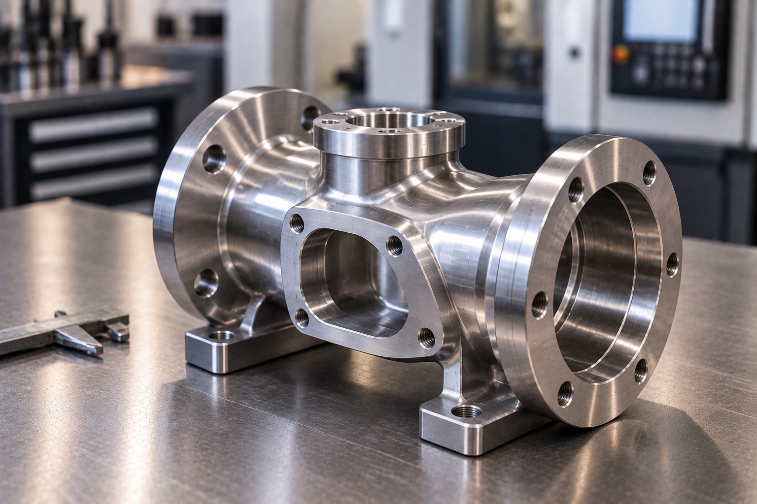 Precision machined aluminum flanged housing with multiple ports and mounting feet
