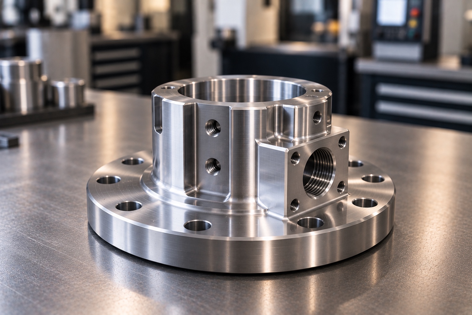 CNC machined aluminum circular flange with threaded side port and mounting holes