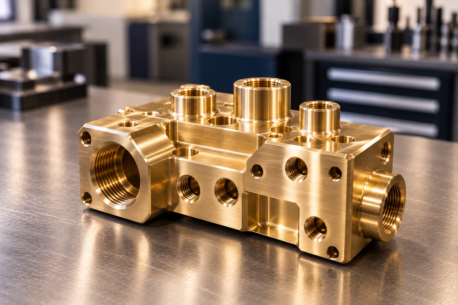 Precision CNC machined brass manifold block with threaded ports and machined cavities