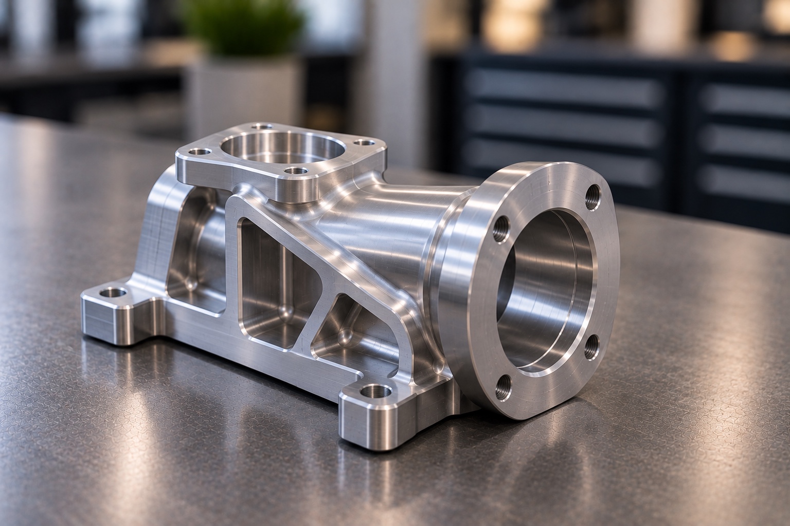 CNC machined aluminum flanged housing with support ribs and mounting base