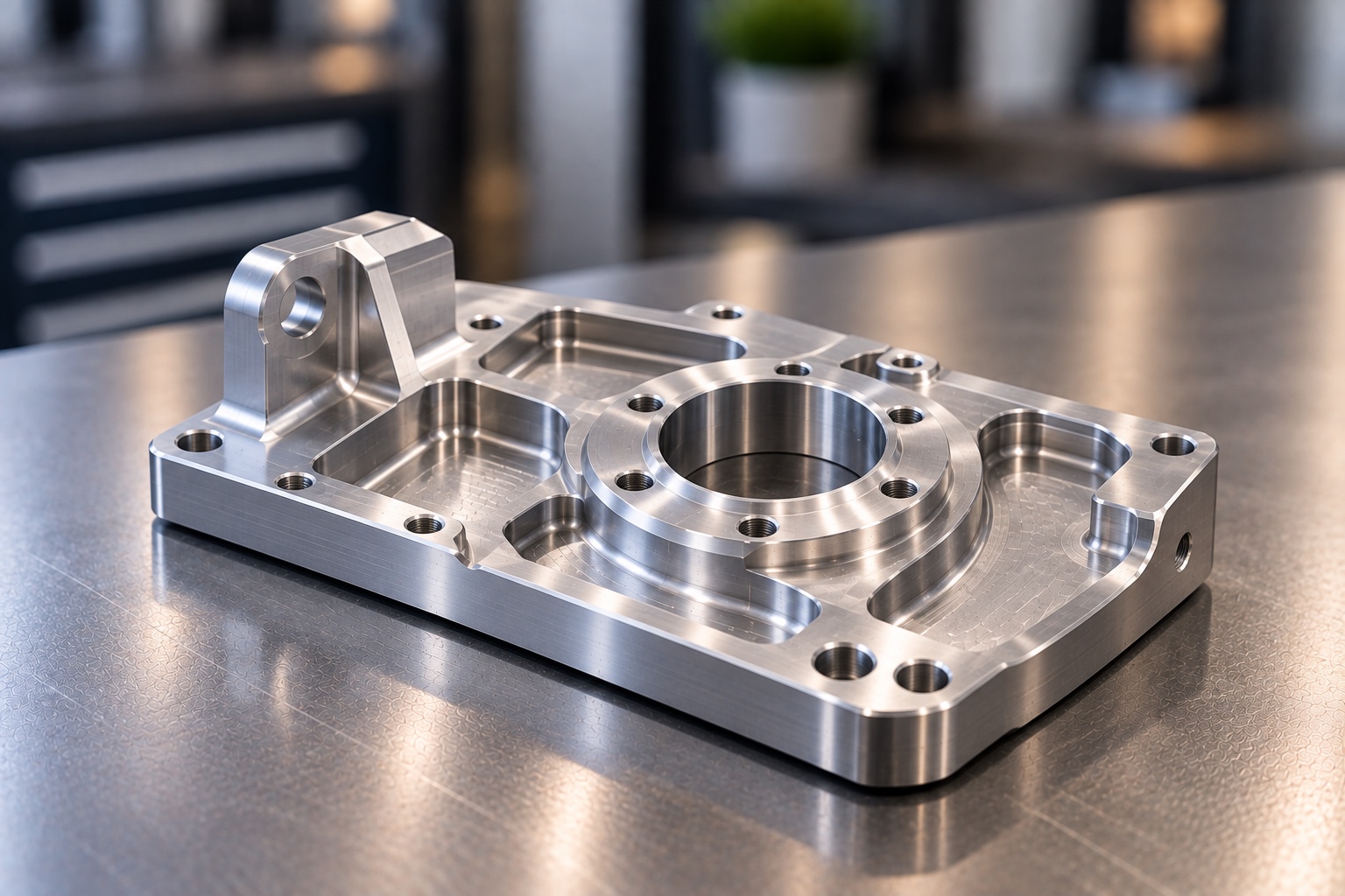 CNC milled aluminum base plate with large center bore, recessed pockets and mounting holes