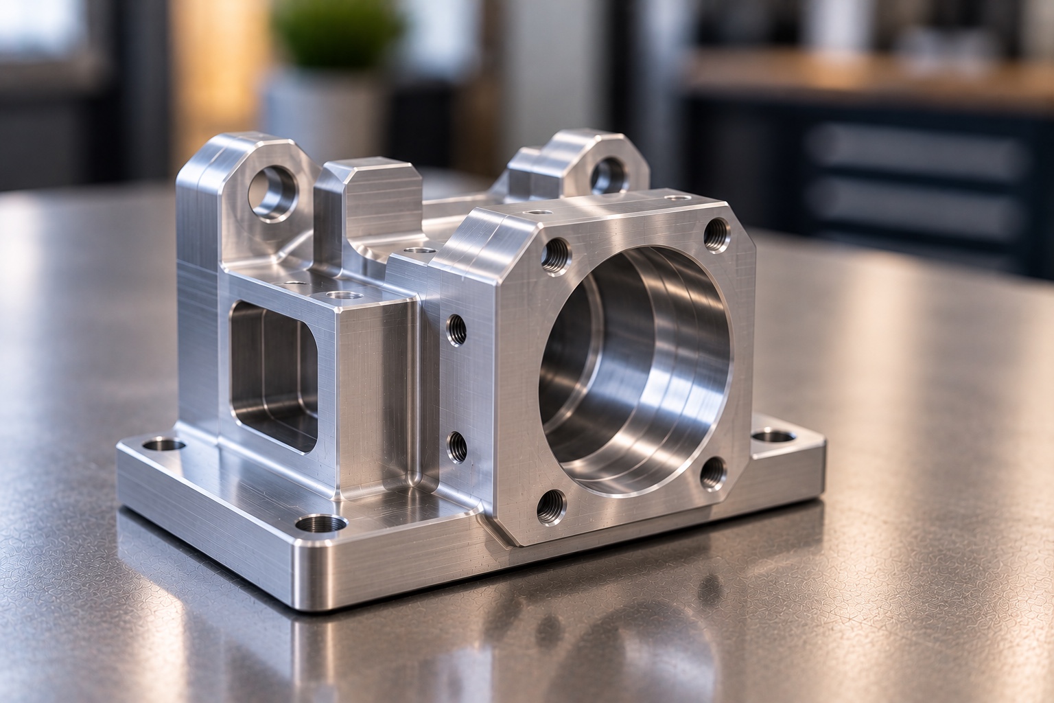 Precision CNC machined aluminum bearing housing with large bore and mounting base